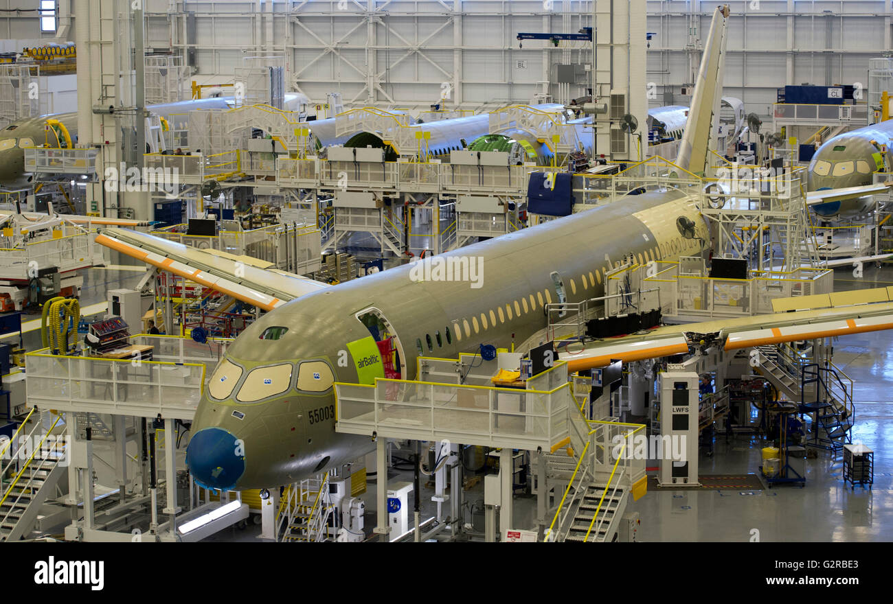 A Bombardier C Series jet is shown on the assembly line at a Bombardier assembly plant in Mirabel, Que., Canada, Friday, Stock Photo