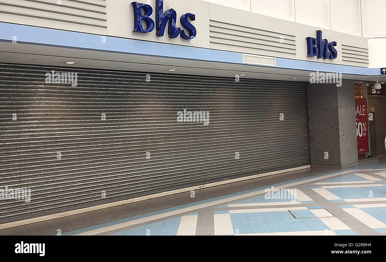 The shutters are closed on the BHS store in Surrey Quays, London, following the announcement that administrators failed to find a buyer. Stock Photo