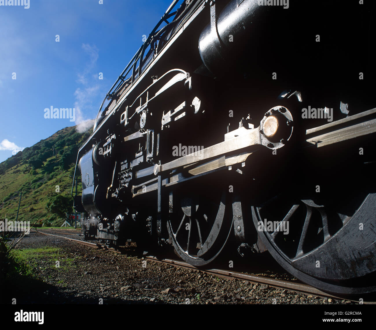 Close-up of a steam trains wheels. Stock Photo