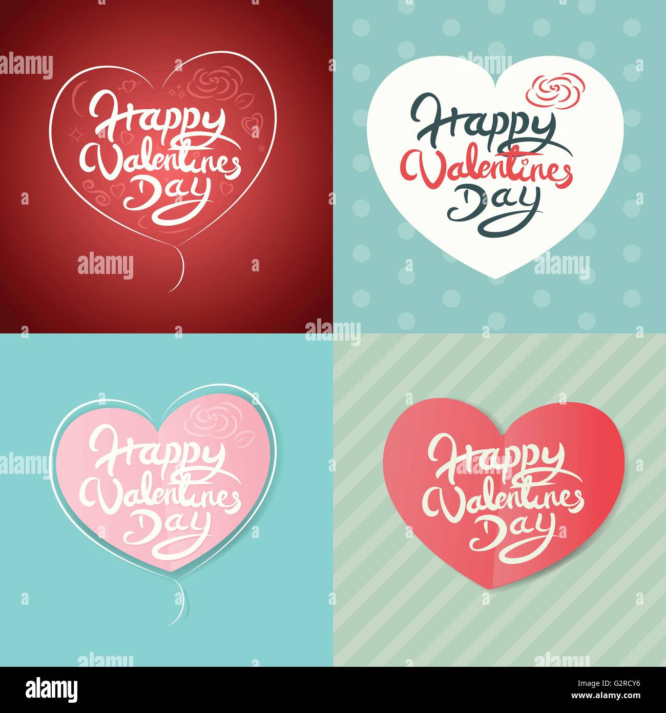 Four Happy Valentines Day Hand Drawn Lettering Vector Design Stock Vector