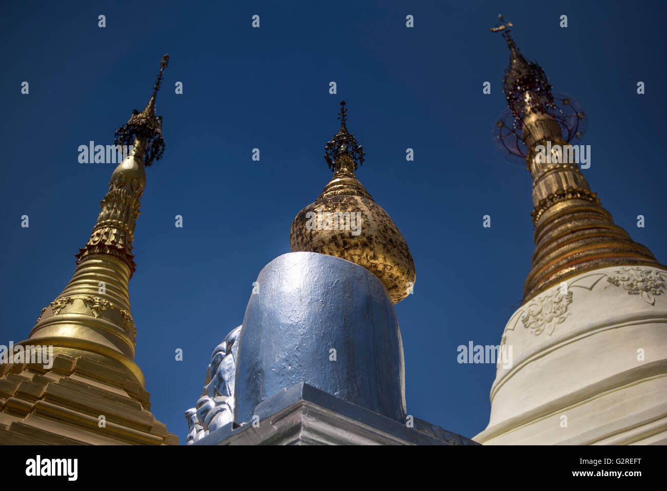 Golden Stupas at the Shwe Sayan Pagoda, Dala, Yangon, Myanmar. Stock Photo
