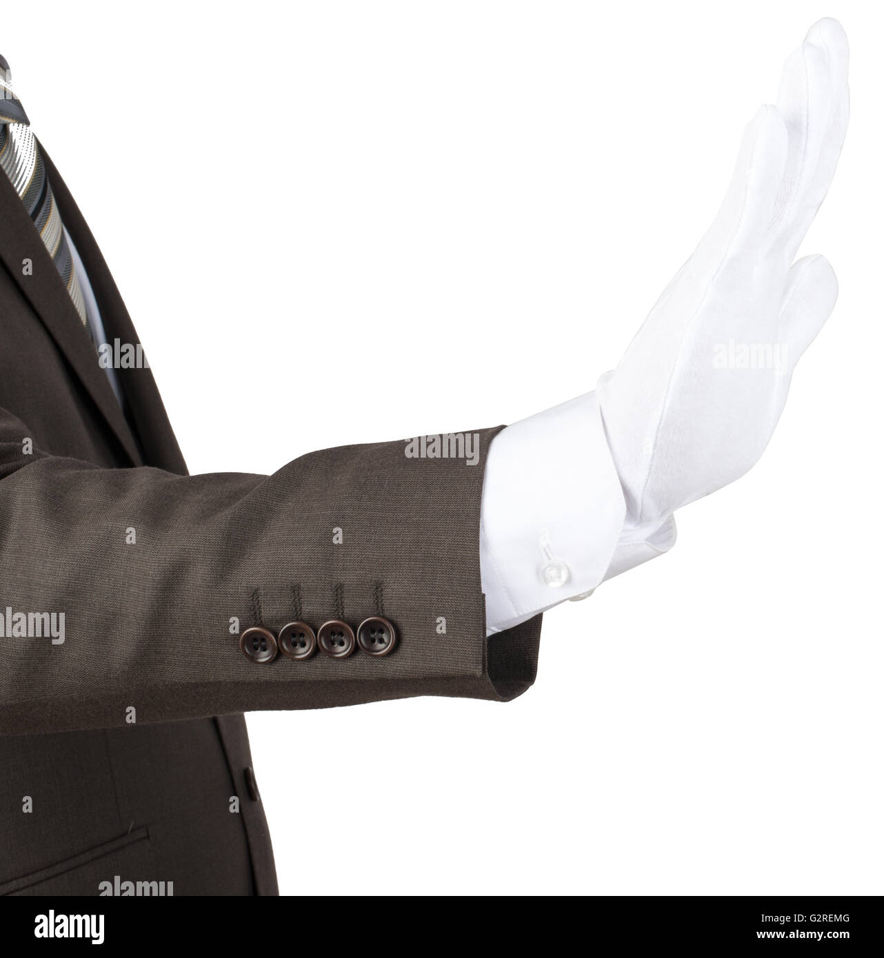 Mans hand in white glove showing stop gesture Stock Photo Alamy
