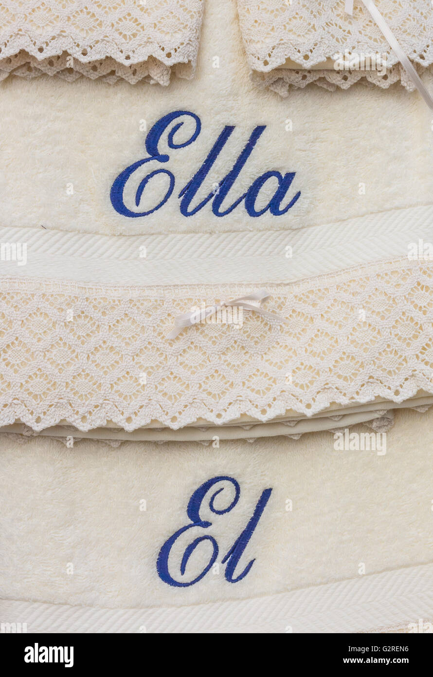 His and hers white towels in Spanish Stock Photo