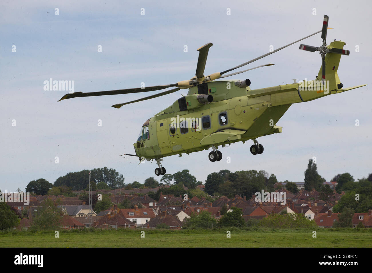 AgustaWestland AW101 heilicopter being tested at the Leonardo-Finmeccanica company’s assembly site in Yeovil, Somerset,  UK Stock Photo