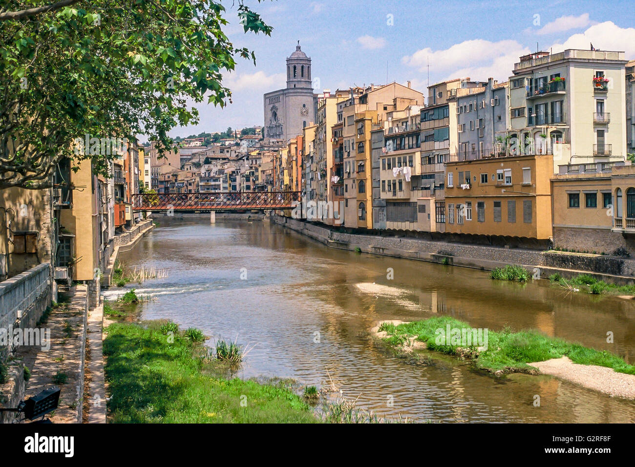 A view from across the river at Girona, Spain. Stock Photo