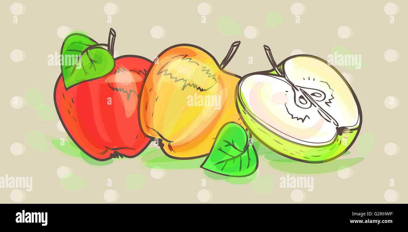 Organic apples for design execution vector watercolor retro art set hi