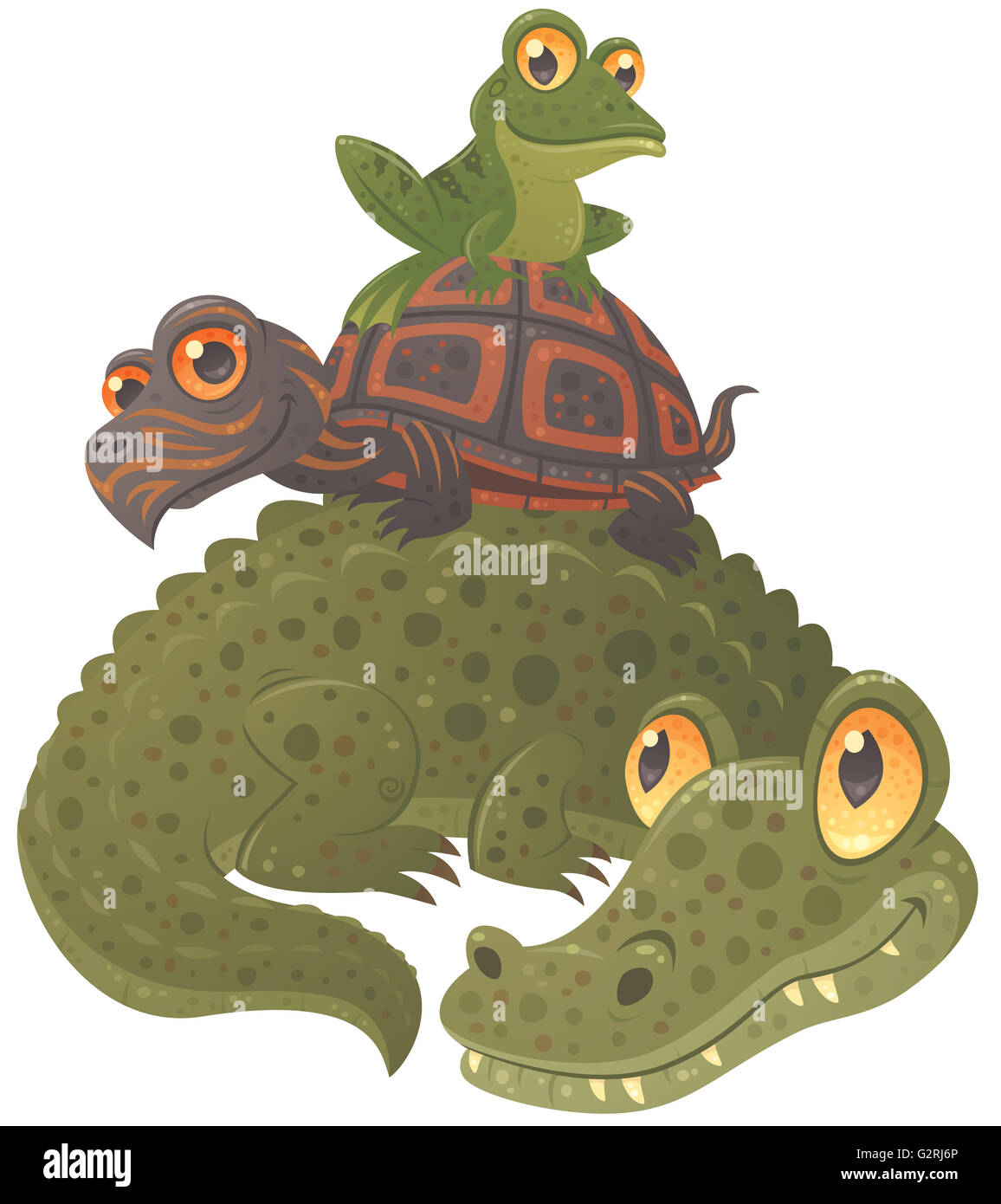 Cartoon vector illustration of an alligator, a turtle and a frog hanging out together, stacked in a pyramid. Stock Photo