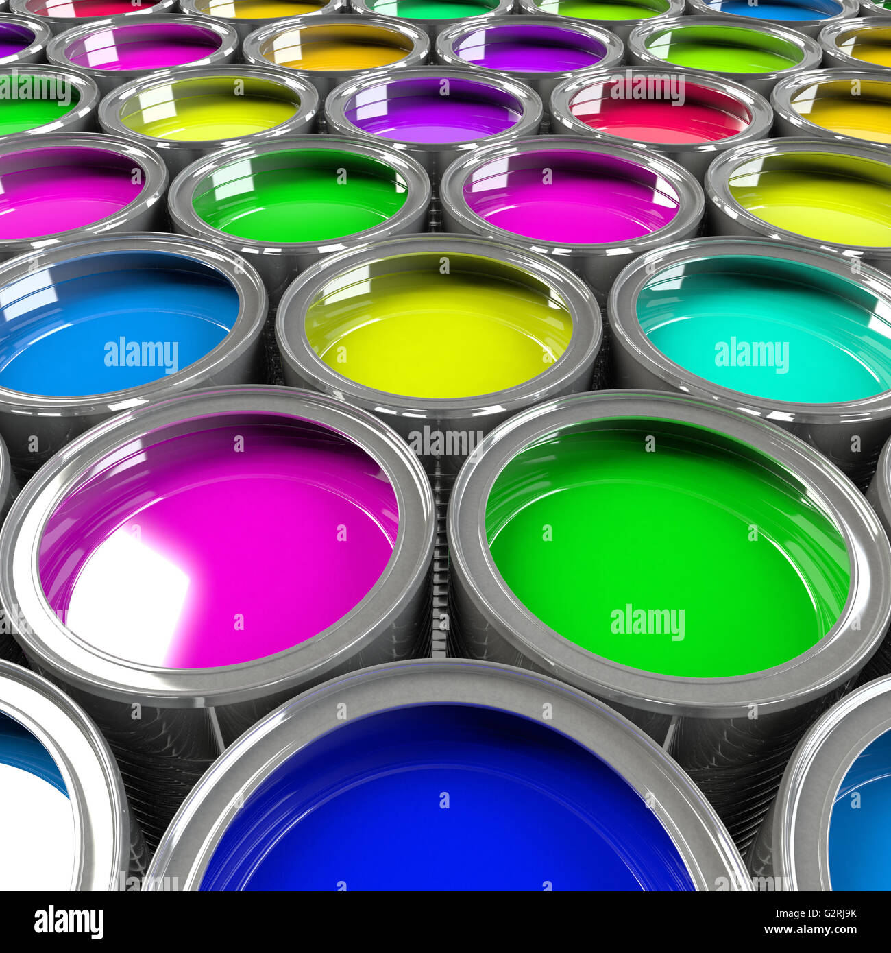 Multiple open paint cans Stock Photo Alamy