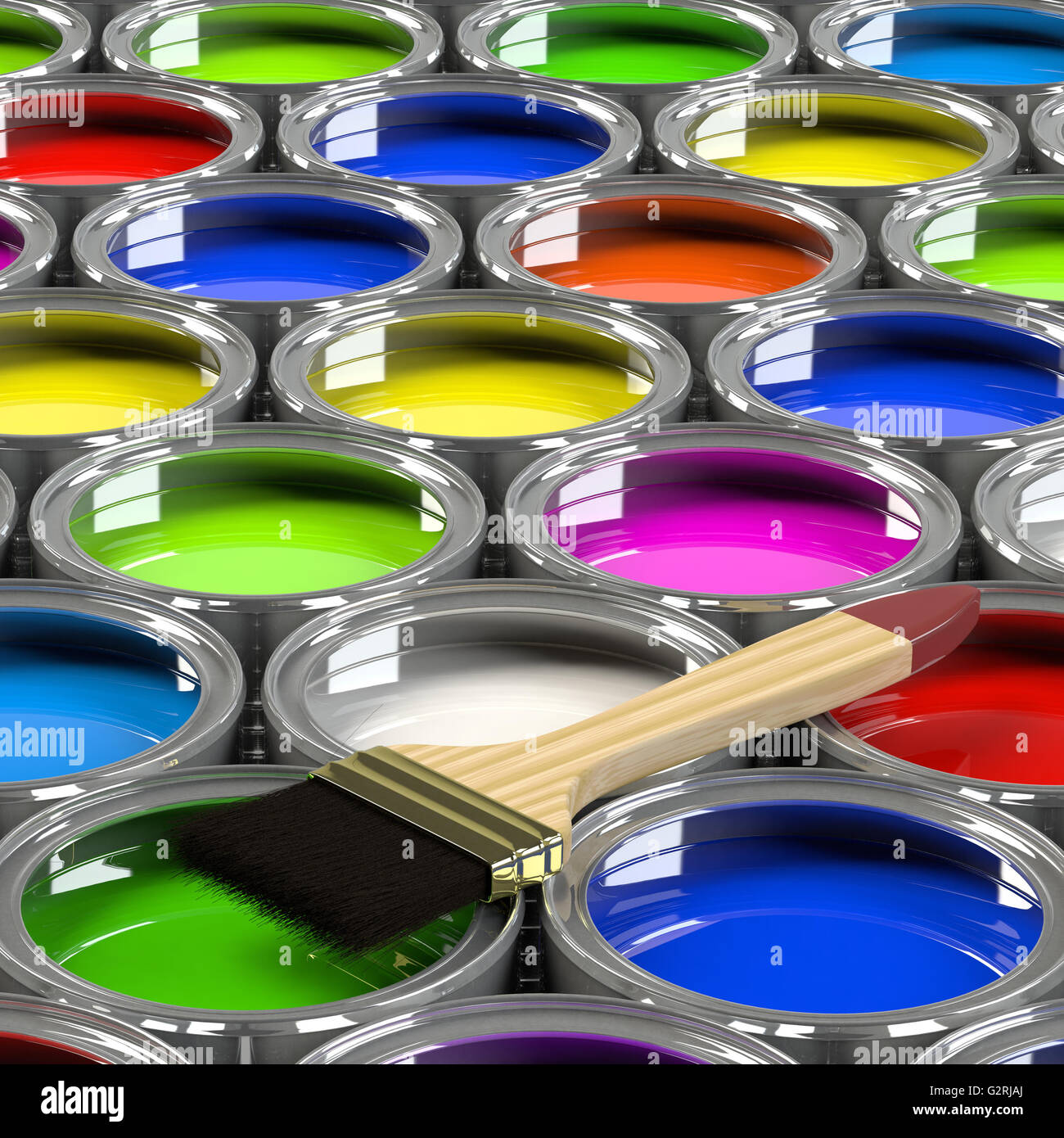 Multiple open paint cans. Stock Photo