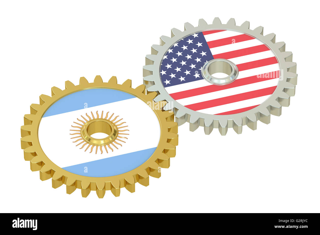 Argentina and United States relations concept, flags on a gears. 3D rendering isolated on white background Stock Photo