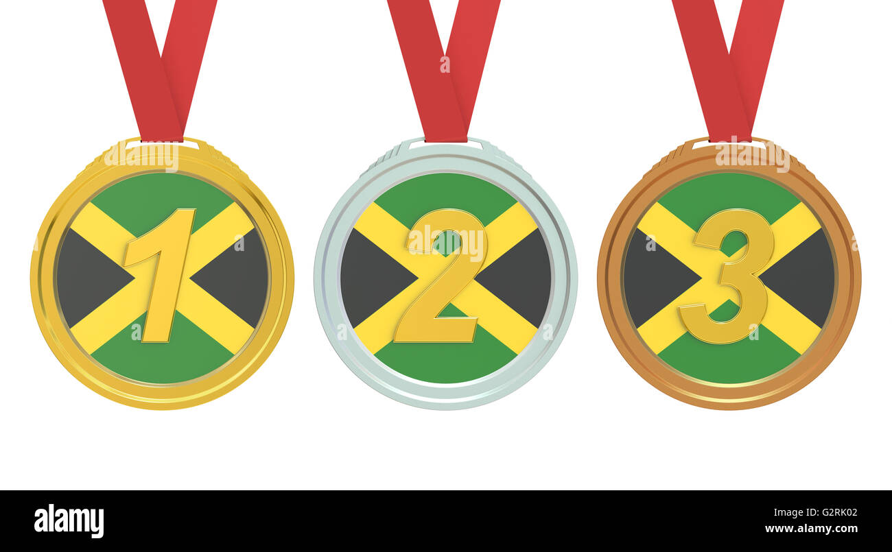 Gold, Silver and Bronze medals with Jamaica flag, 3D rendering Stock