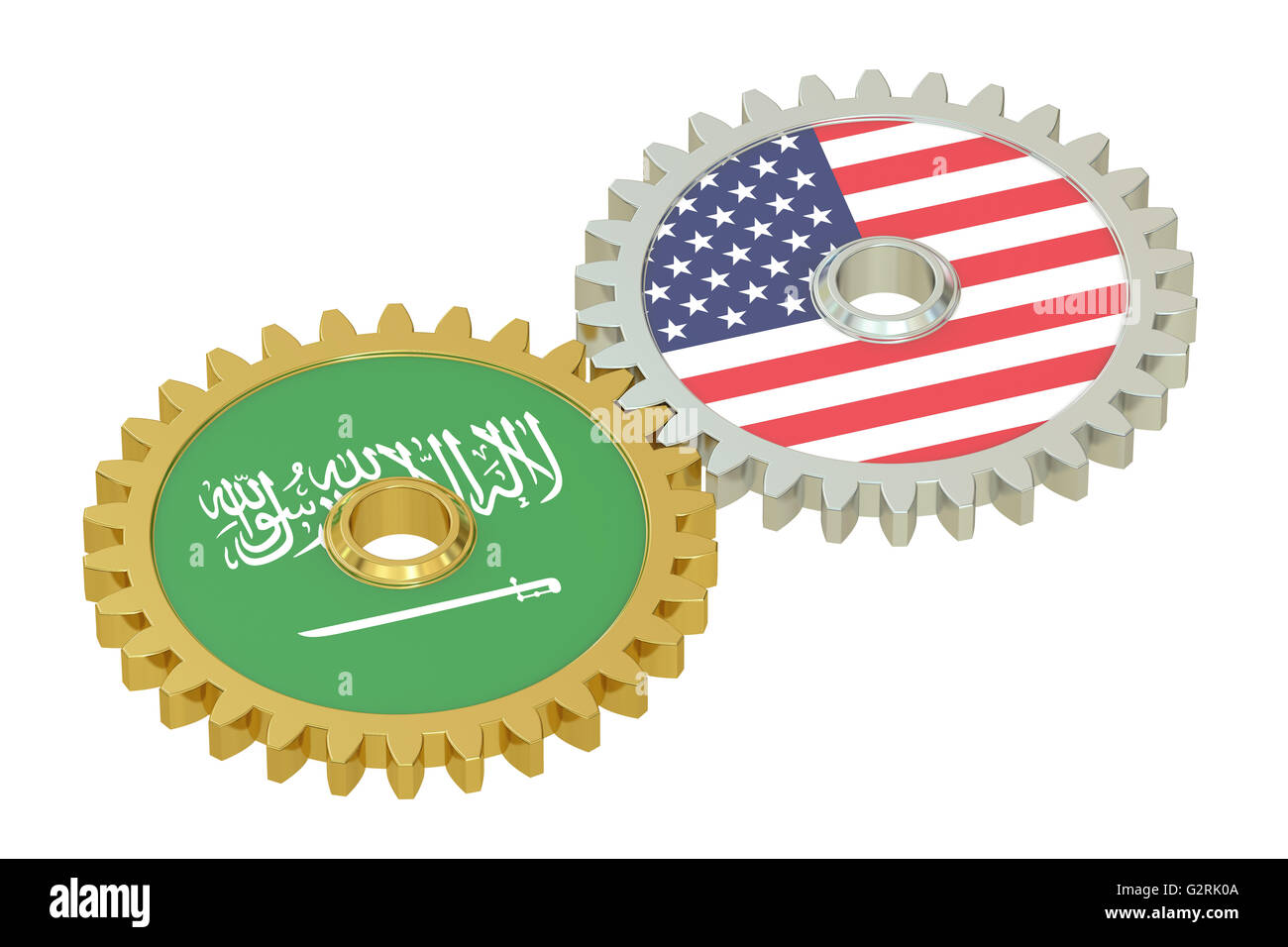 Saudi Arabia and United States relations concept, flags on a gears. 3D rendering isolated on white background Stock Photo