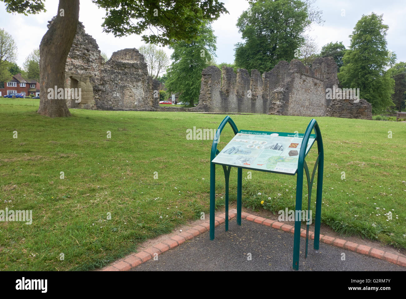 Ruins of Dudley Priory with interpretation board in foreground. St