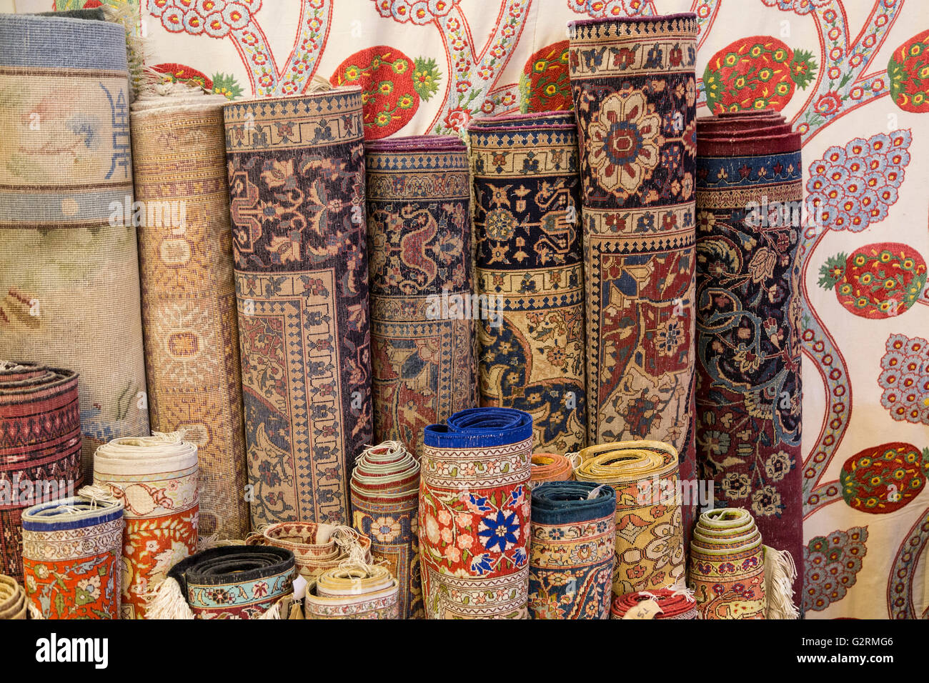 Rolls of carpets and rugs in Turkey Stock Photo