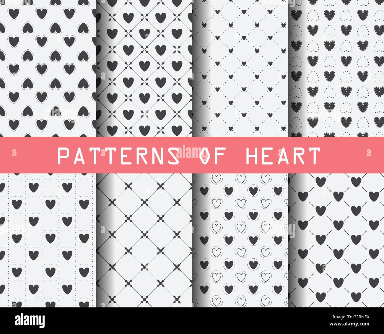 set of black and white Heart patterns, for valentines day, Pattern Swatches, vector, Endless texture can be used for wallpaper,  Stock Vector