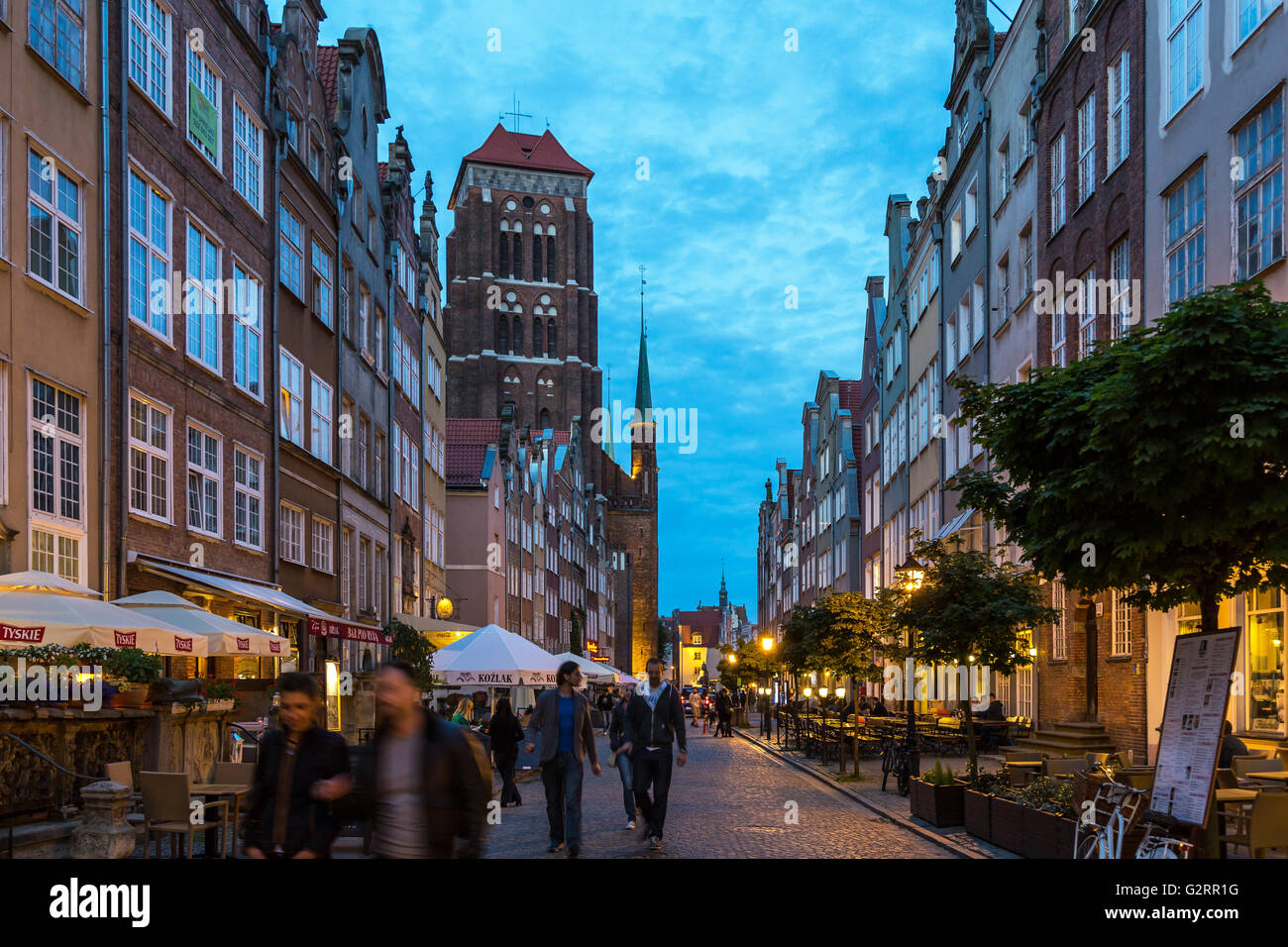 Gdansk, Poland, Ulica Piwna (Beer Street) and St. Mary's Church Stock