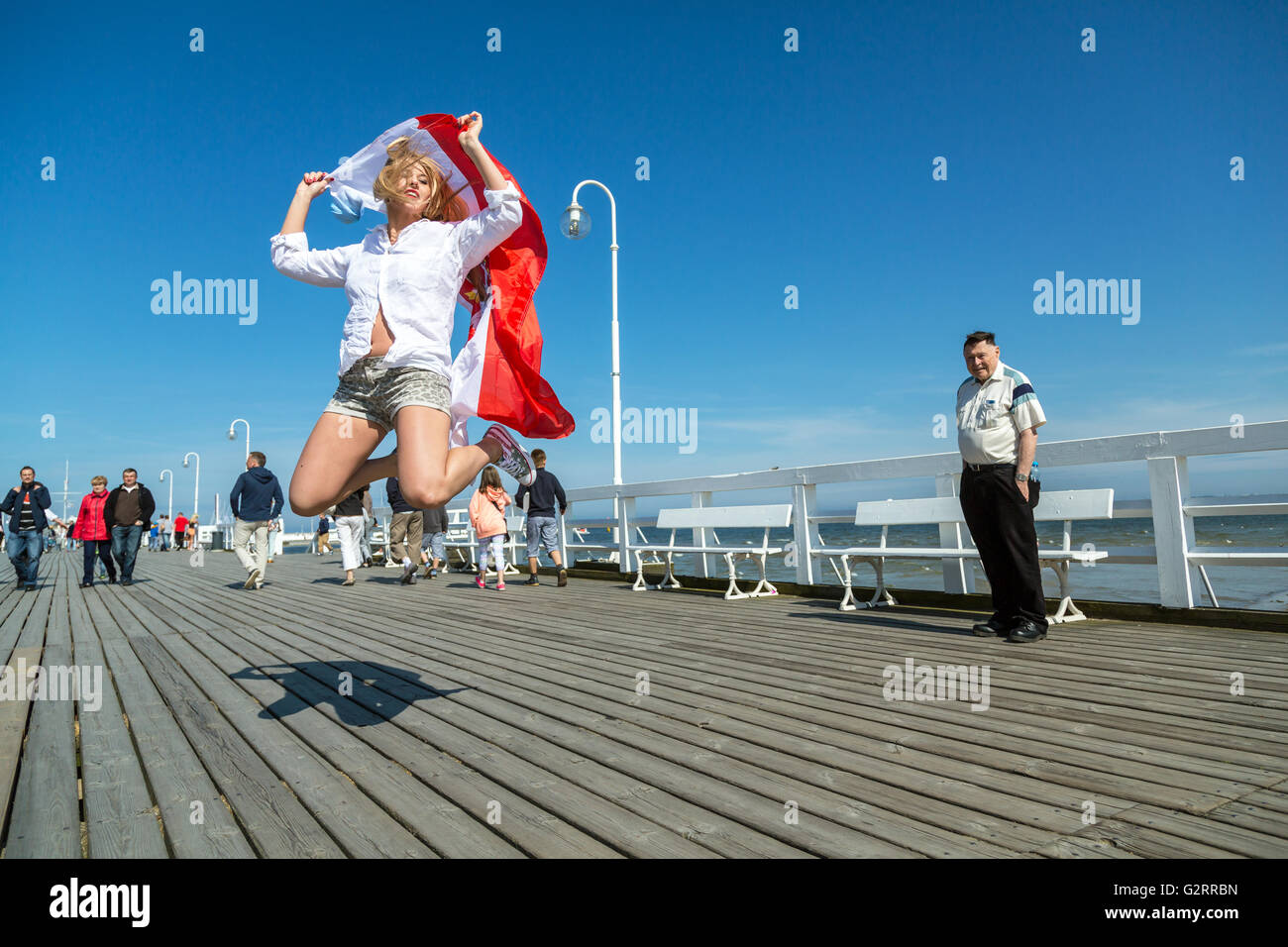Sopot, Poland, young woman in photo session on the Sopot pier Stock Photo