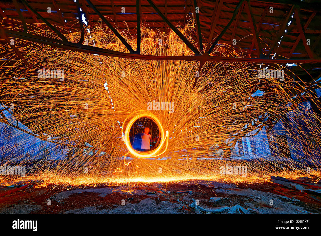 Burning Steel Wool spinning. Showers of glowing sparks from spinning