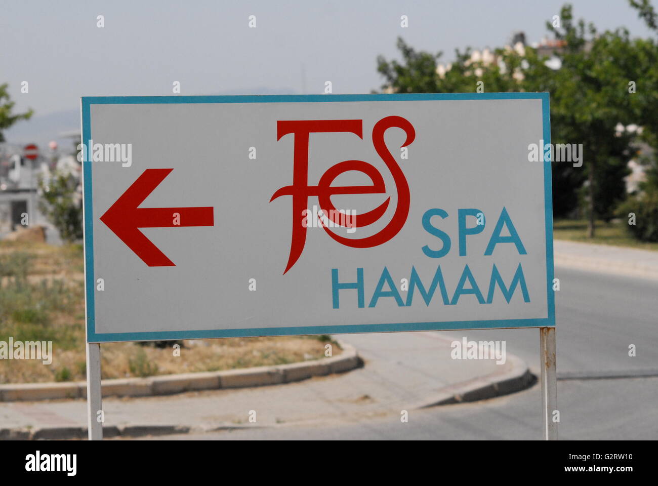 Fes SPA Hammam signboard near the sidewalk Stock Photo