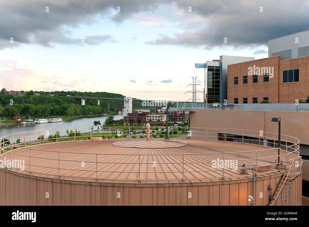 downtown saint paul overlooking mississippi river and city landmarks including storage tank for district energy system Stock Photo