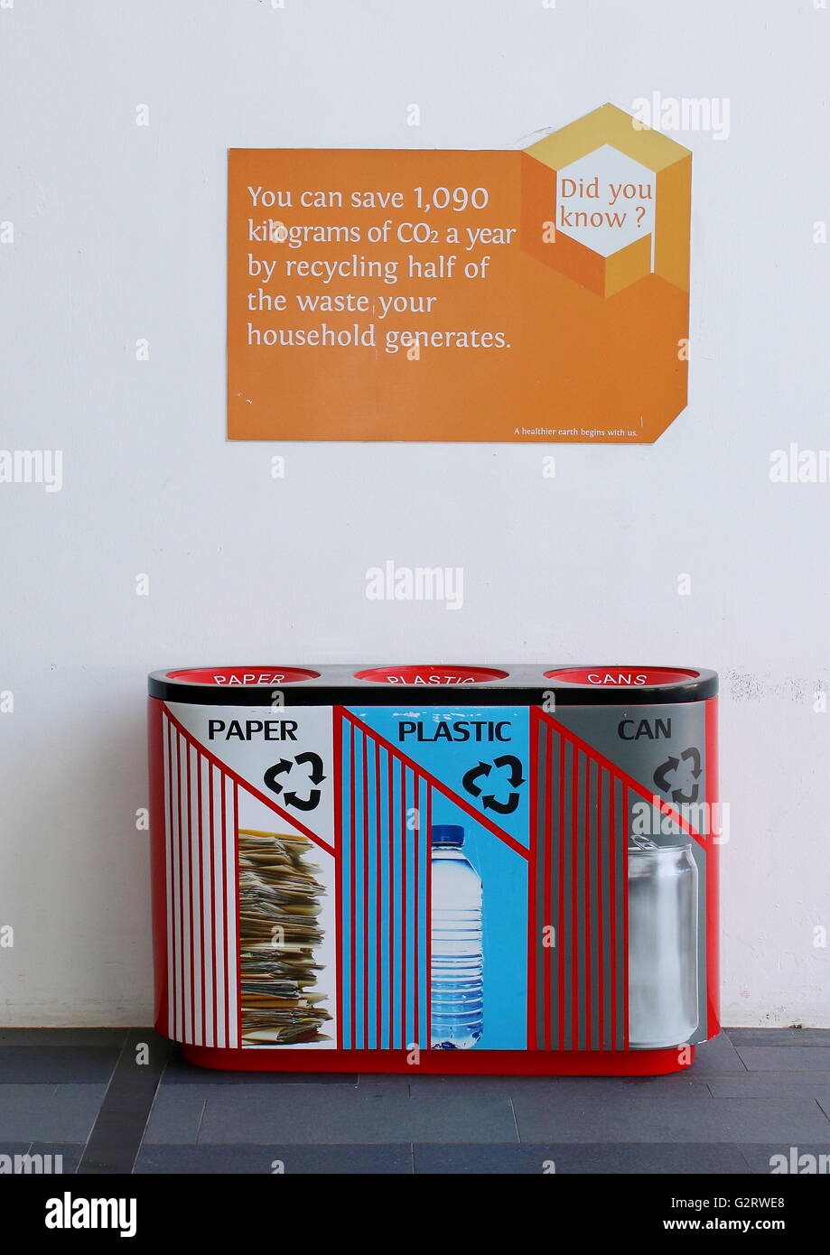 Recycling bins for paper, plastics and cans with a recycling message. Stock Photo
