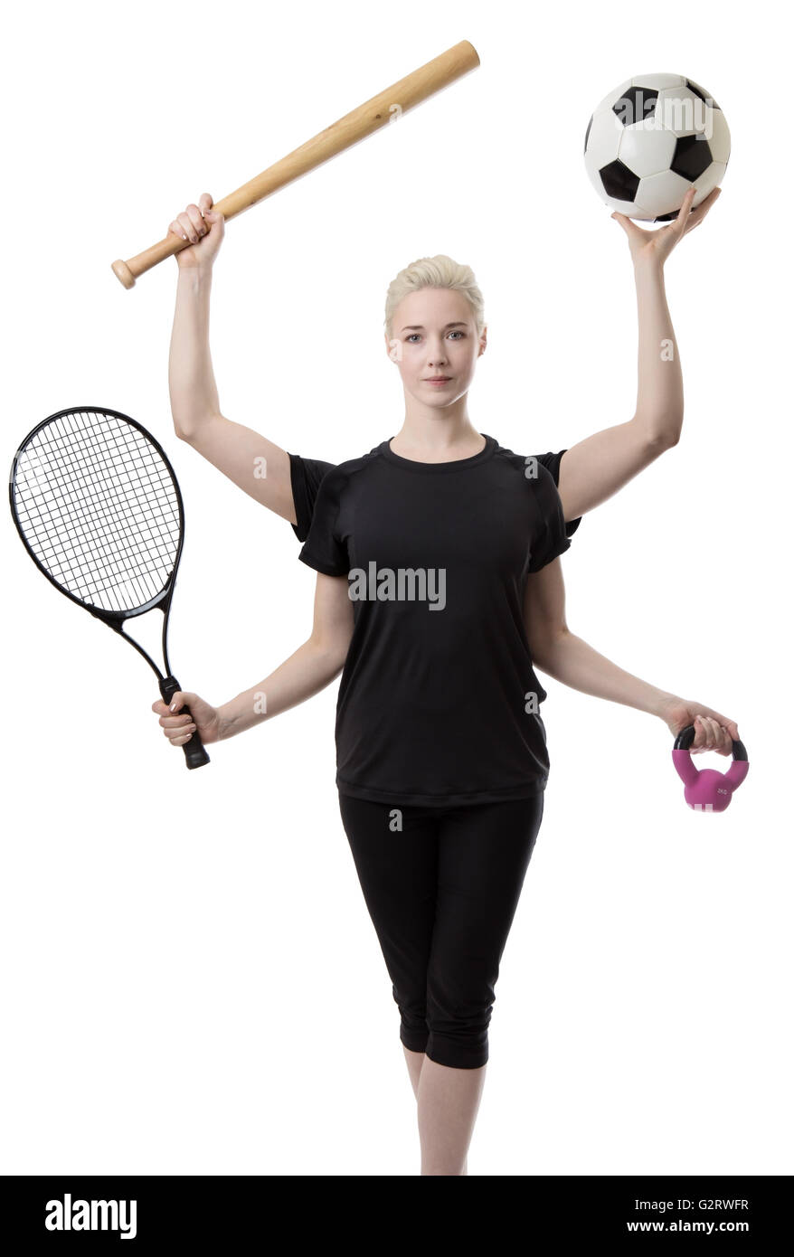 woman with four arms holding different sports items in each hand