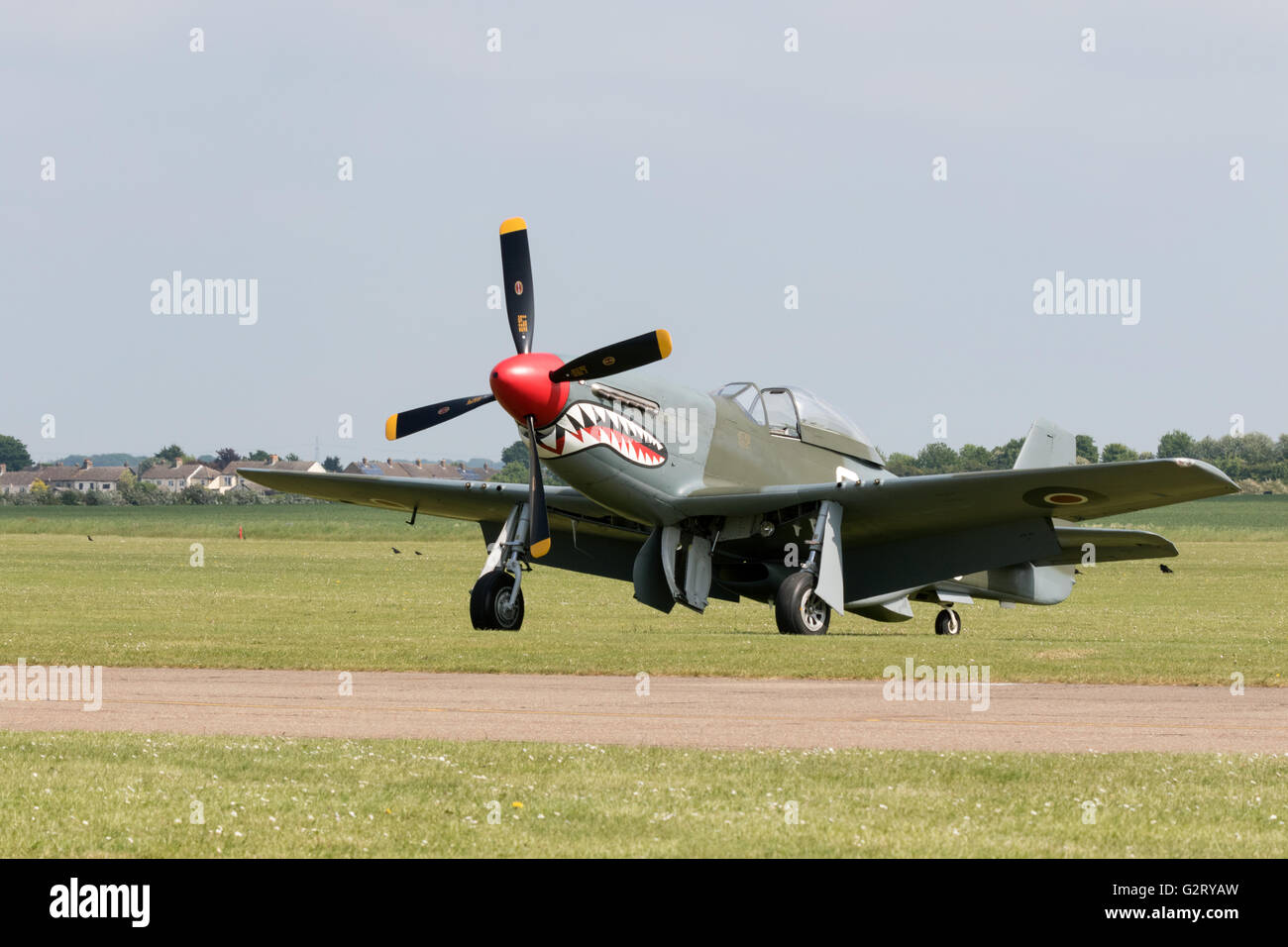 North American P-51D Mustang fighter plane on the ground at Duxford Airport, Cambridge UK Stock Photo