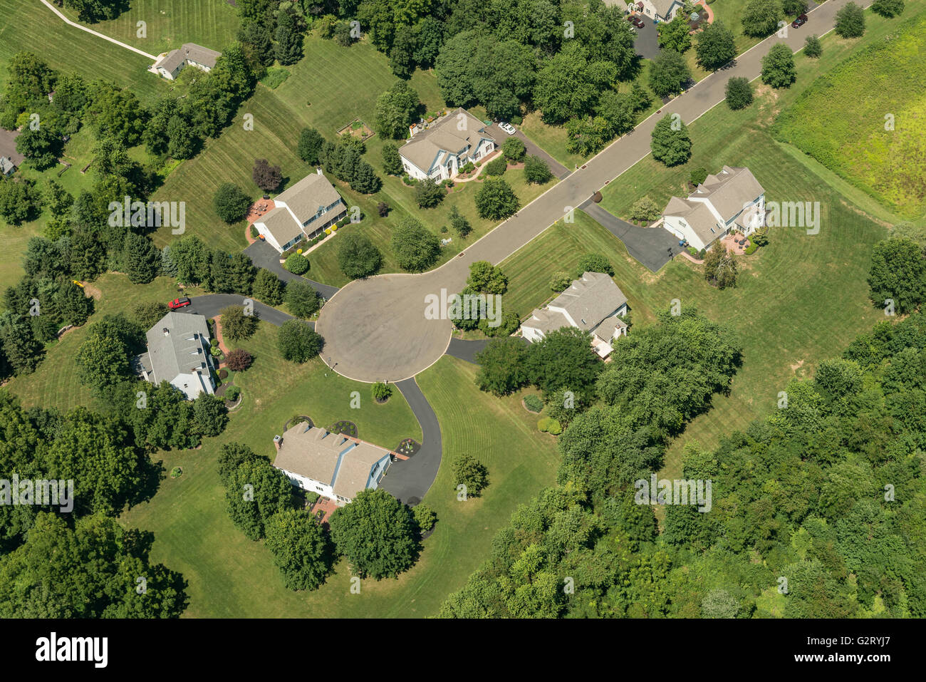 Aerial View Of Residential Houses In Suburban Cul De Sac Neighborhood, New Jersey, USA Stock Photo