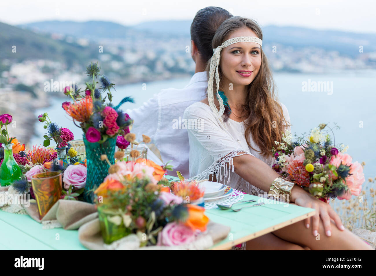 girl with a wedding bouquet boho style Stock Photo