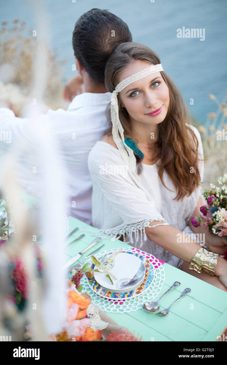 girl with a wedding bouquet boho style Stock Photo