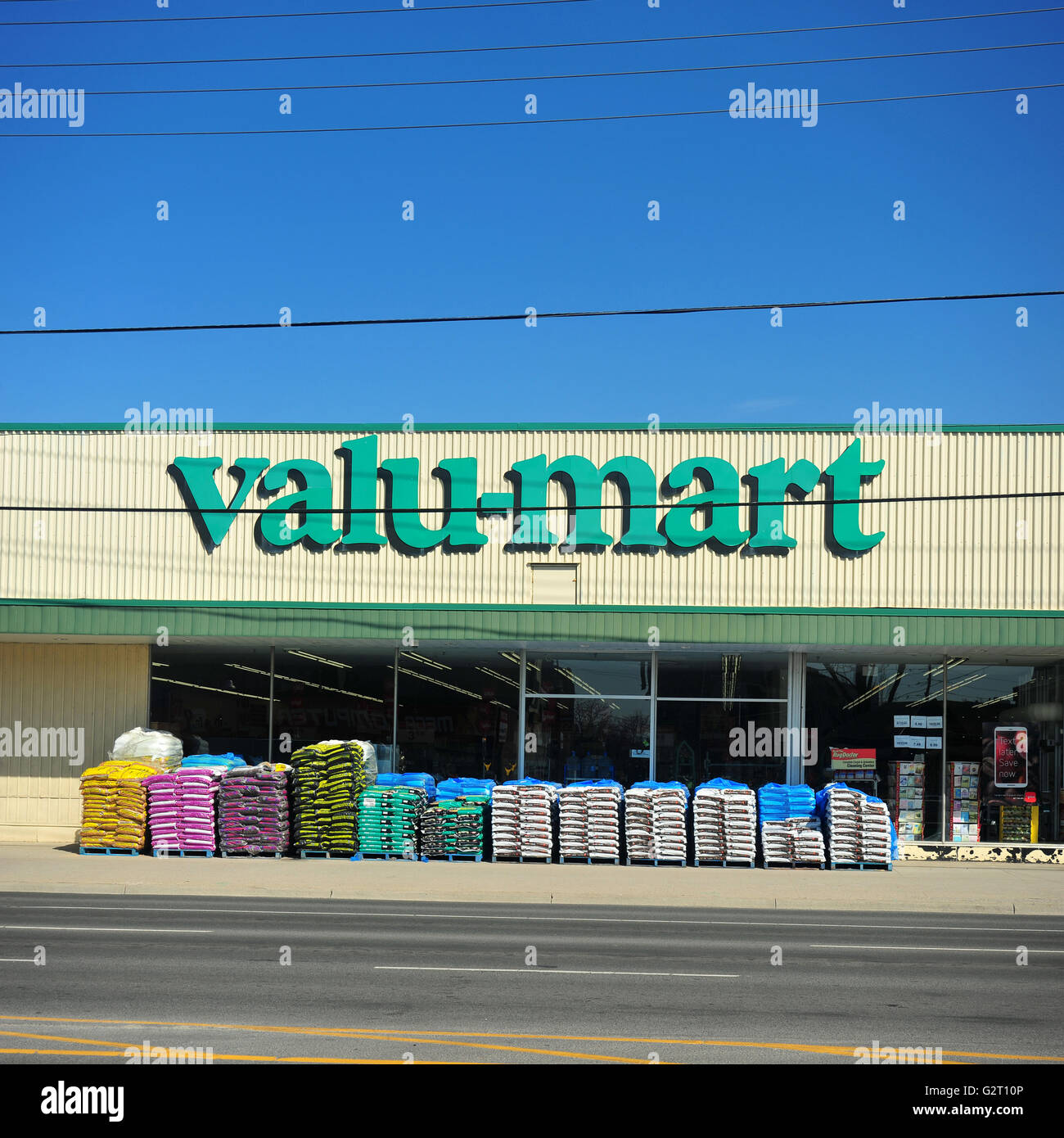 The front exterior of a Valu-Mart supermarket in the Canadian city of London Ontario. Stock Photo