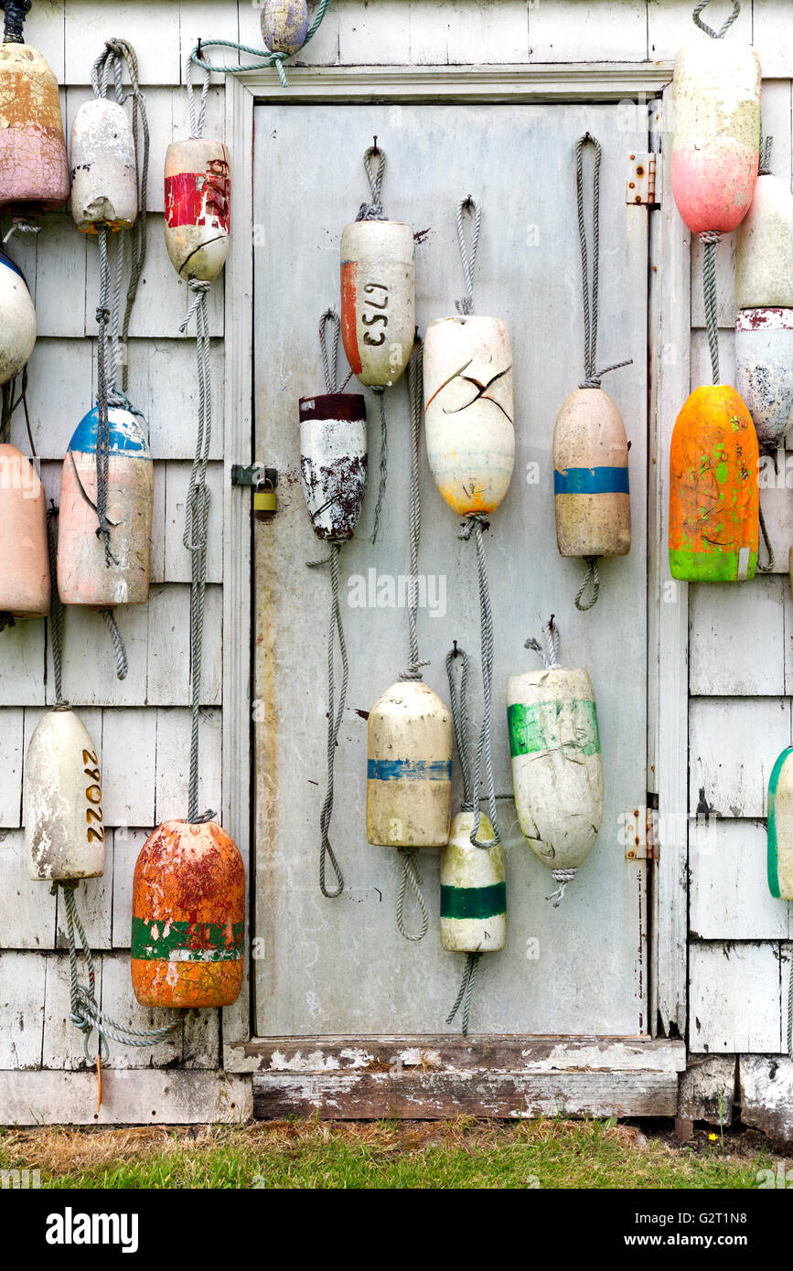 OR02146-00...OREGON - Floats hanging on a shed wall in the town of Warrenton. Stock Photo