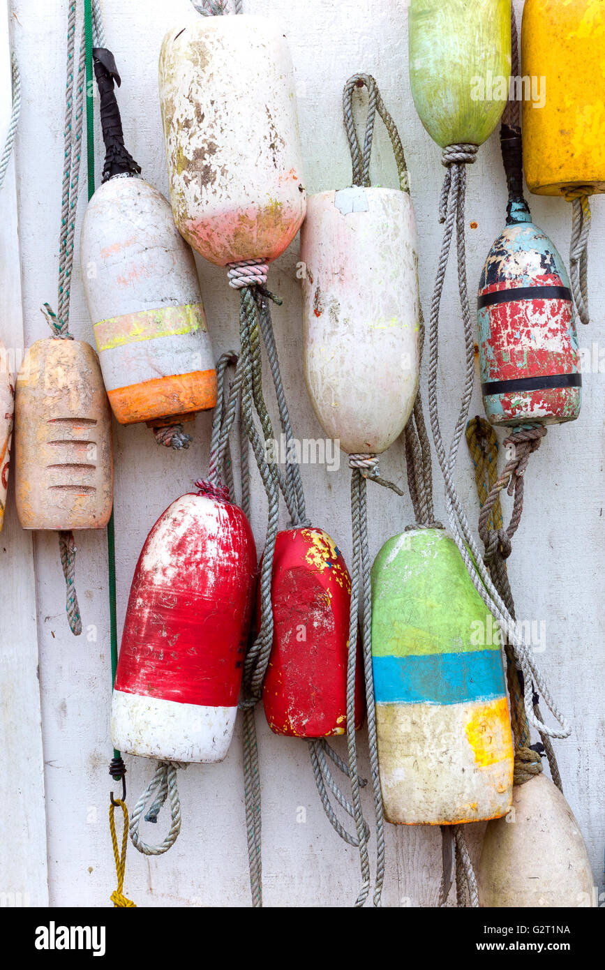 OREGON - Floats hanging on a shed wall in the town of Warrenton. Stock Photo