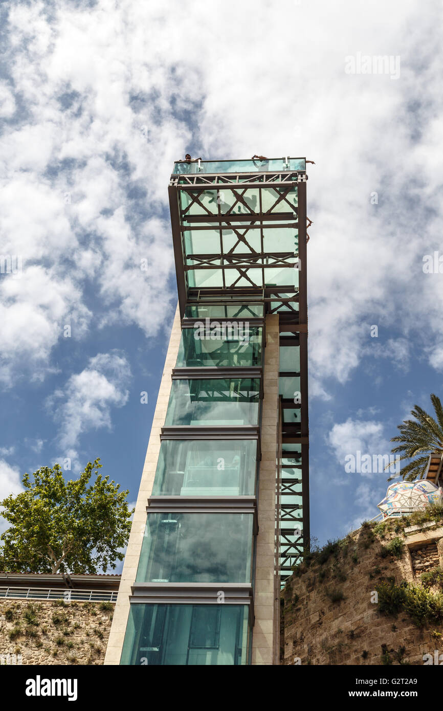 Bottom view of lift with glass observation terrace in Antalya Kaleici