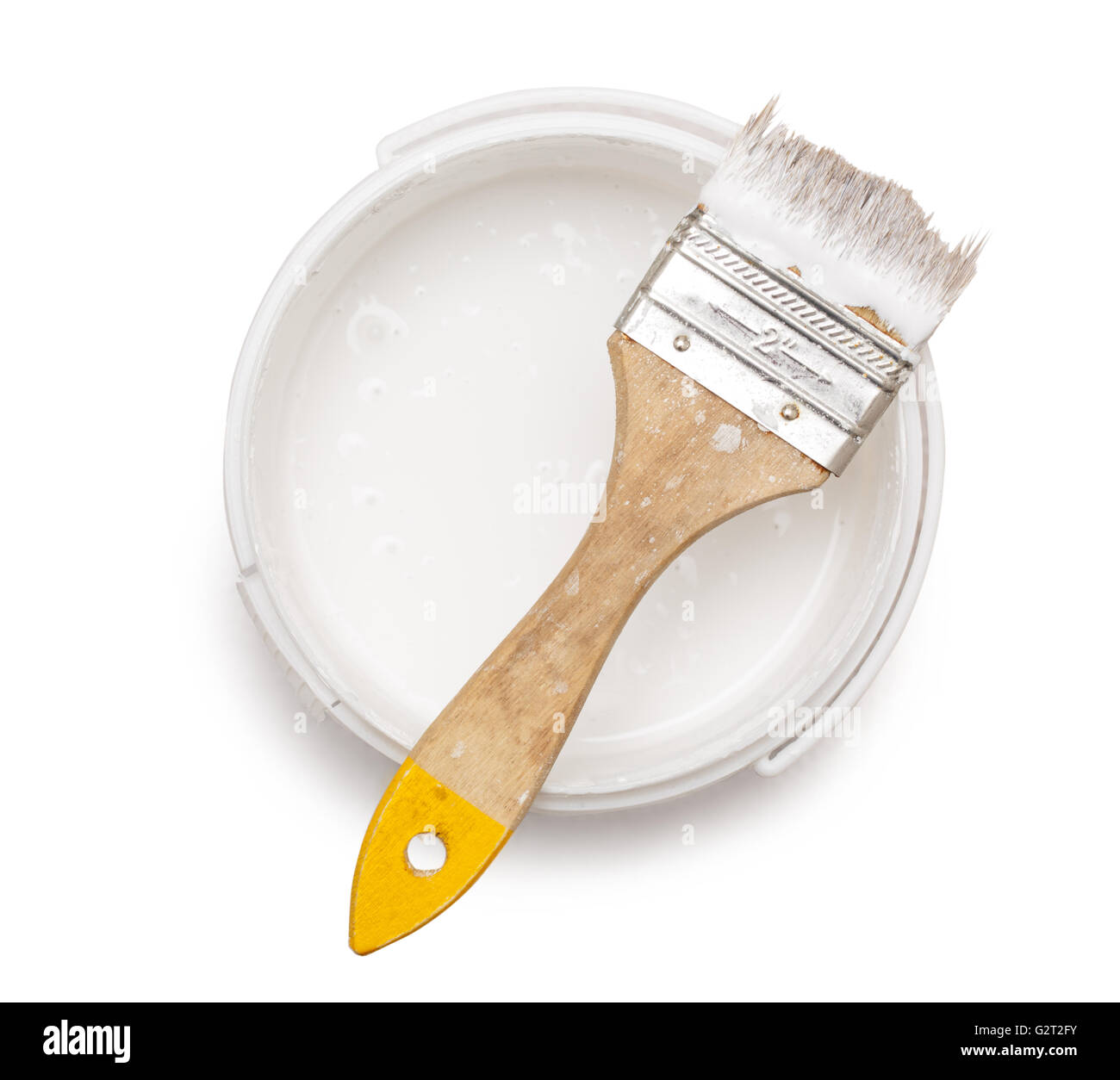 Open can of white paint with brush Stock Photo Alamy