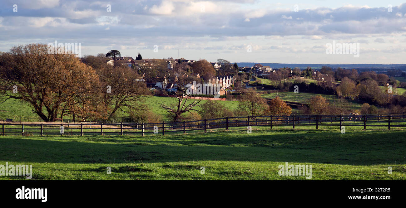 View from Castle Ring of Cannock Wood village and pastures in autumn on Cannock Chase Area of Outstanding Natural Beauty Stock Photo