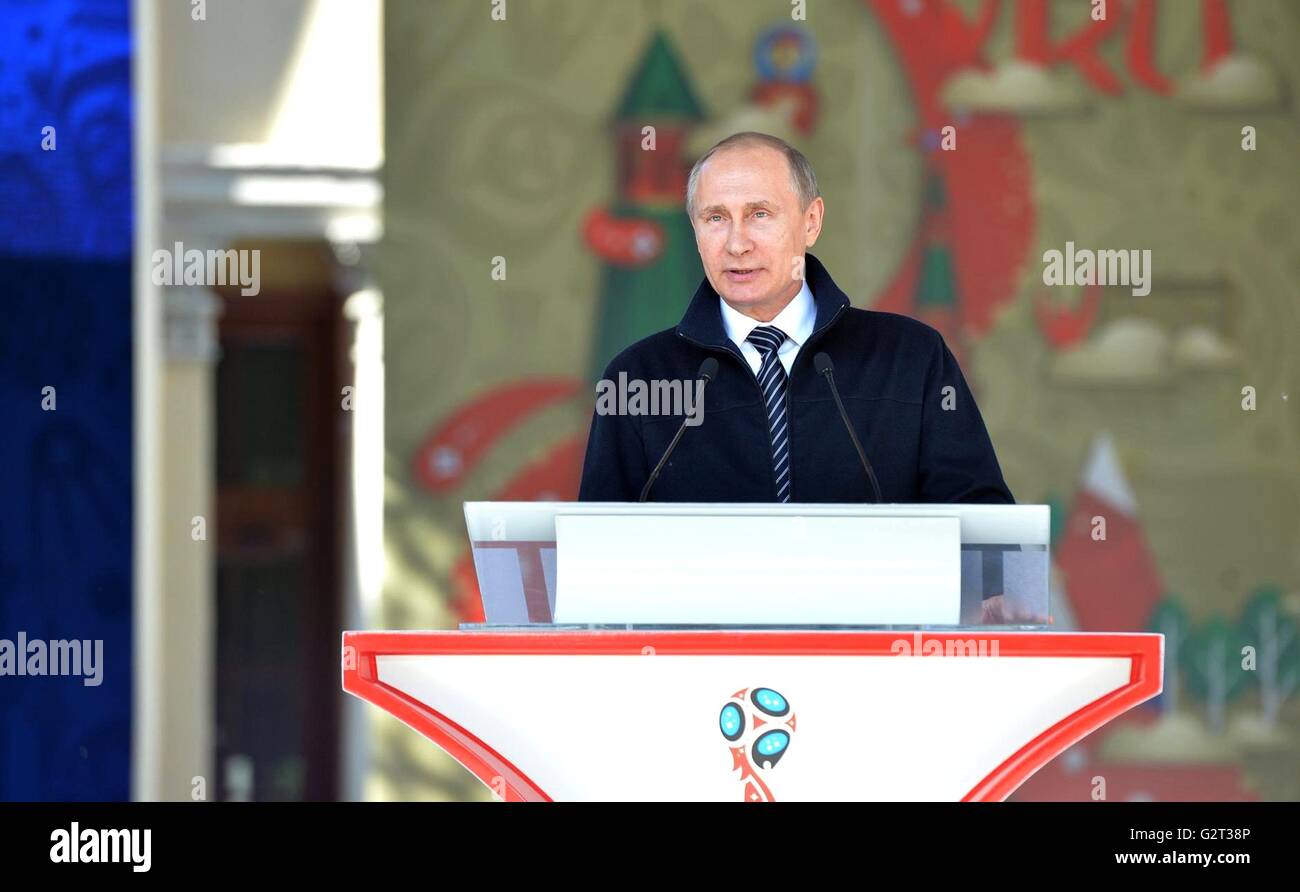 Russian President Vladimir Putin during a ceremony to launch the volunteer program for the 2017 FIFA Confederations Cup and the 2018 FIFA World Cup June 1, 2016 in Moscow, Russia. Russia hosts both major events and hope to attract 15,000 volunteers to assist with the games. Stock Photo