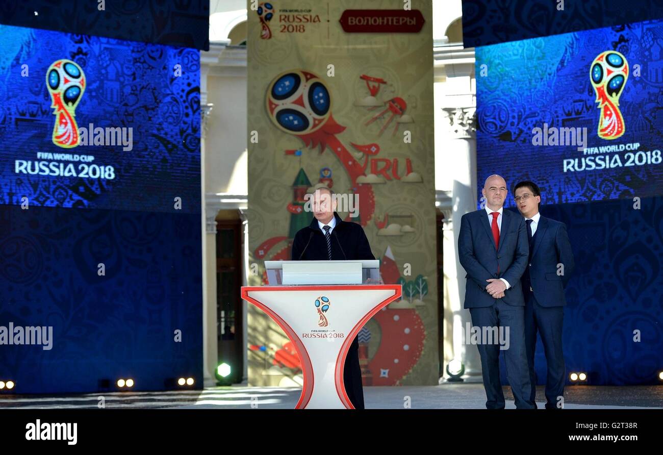 Russian President Vladimir Putin stands alongside FIFA President Gianni Infantino, right, during a ceremony to launch the volunteer program for the 2017 FIFA Confederations Cup and the 2018 FIFA World Cup June 1, 2016 in Moscow, Russia. Russia hosts both major events and hope to attract 15,000 volunteers to assist with the games. Stock Photo