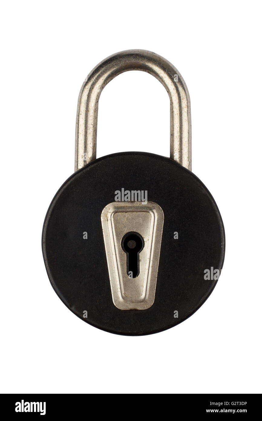 Front view of a vintage black padlock with round shape isolated on white background Stock Photo