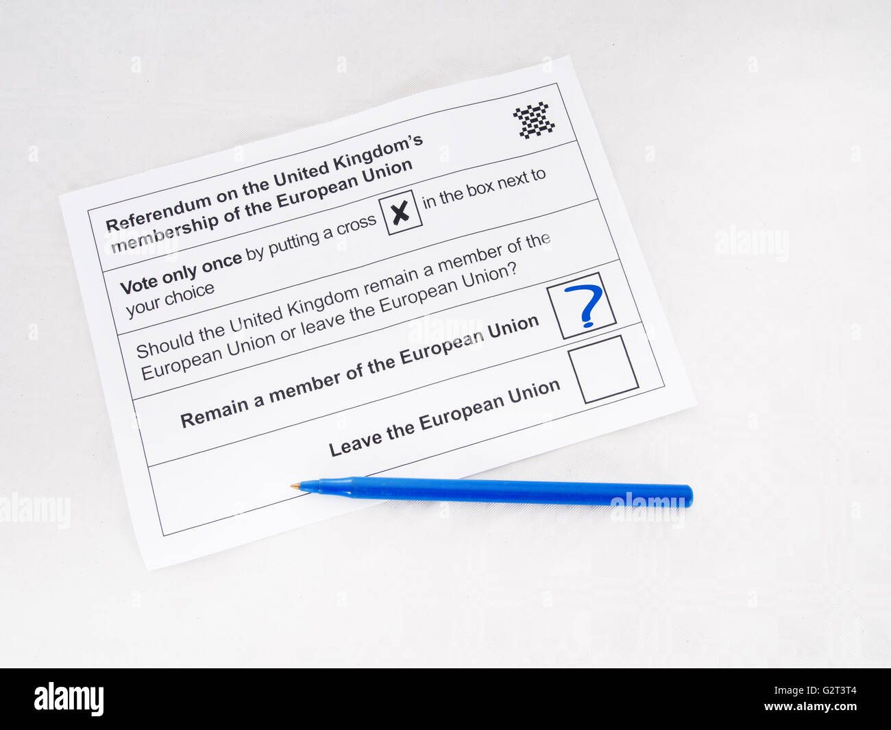 Voting slip for UK EU referendum, Brexit. Question mark - floating, undecided voter. Stock Photo