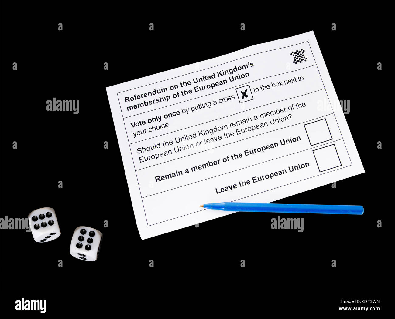 Blank voting slip for UK EU referendum,Brexit. With dice. Gamble concept. Stock Photo