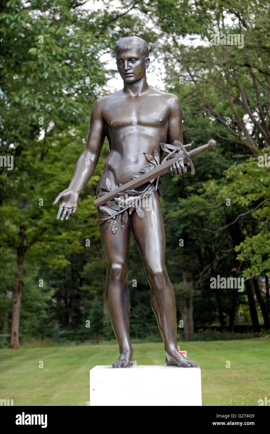 A bronze figure symbolizing American youth in the Ardennes American Cemetery & Memorial, Neuville-en-Condroz, Wallonia, Belgium Stock Photo
