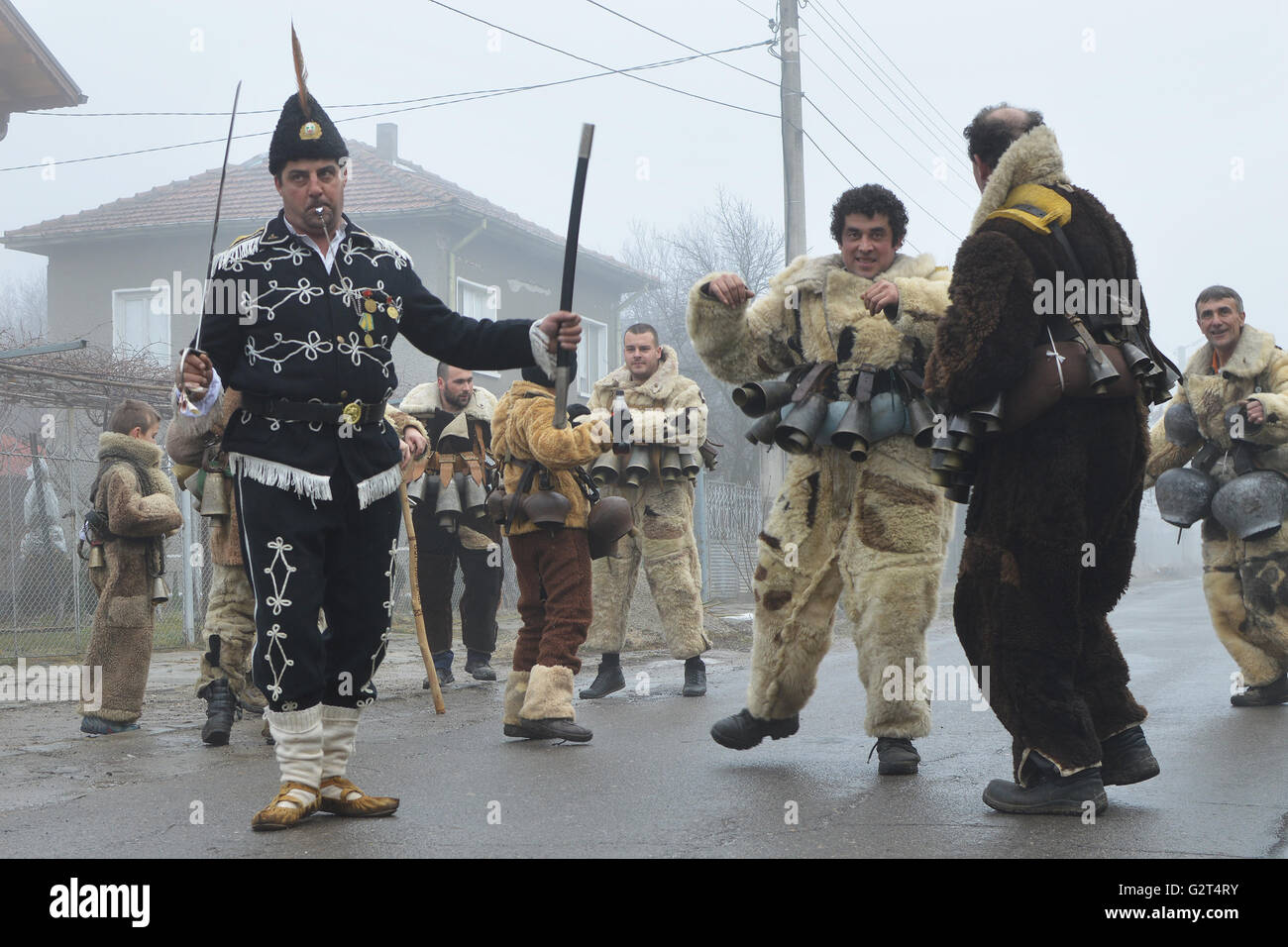 Bulgarian mummers dance on Surva ritual every January in the villages near Pernik Stock Photo