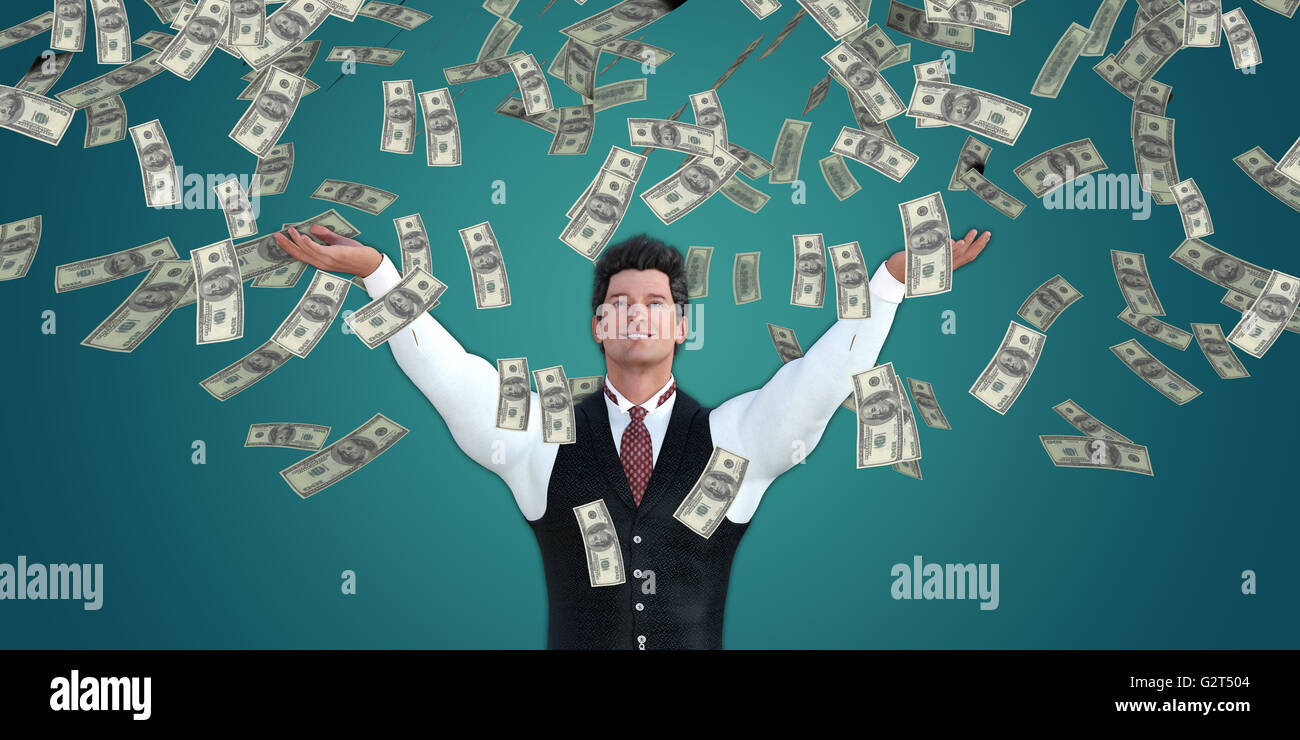 Corporate Business Man Catching Money Falling From The Sky In US