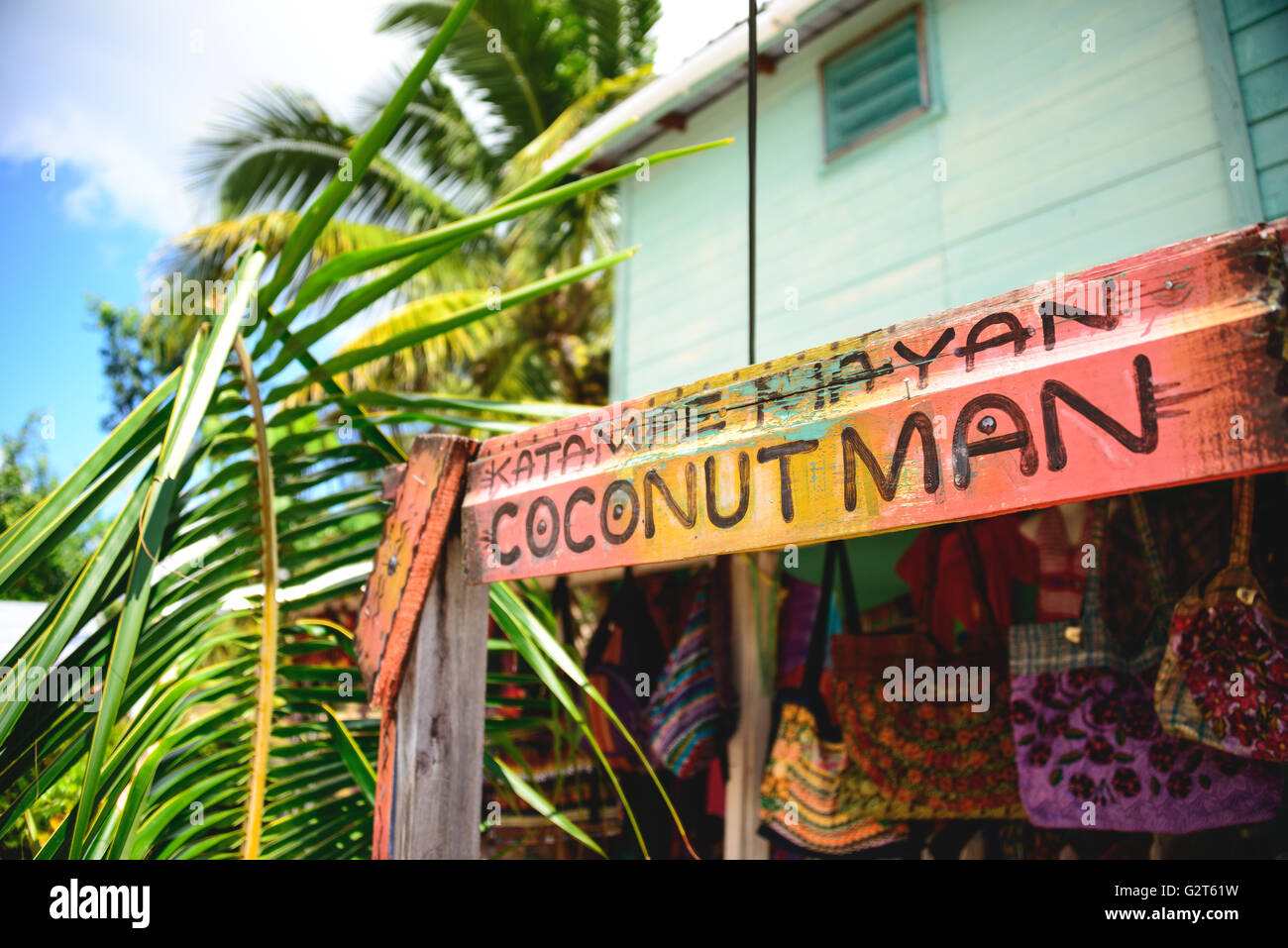 Art work and market stalls in Placencia, Belize Stock Photo