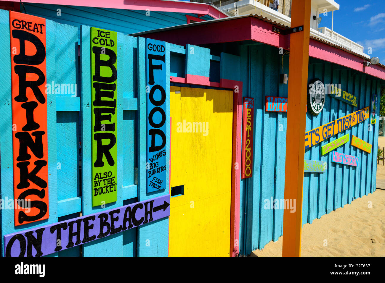 Colorful food stands in Placencia, Belize Stock Photo