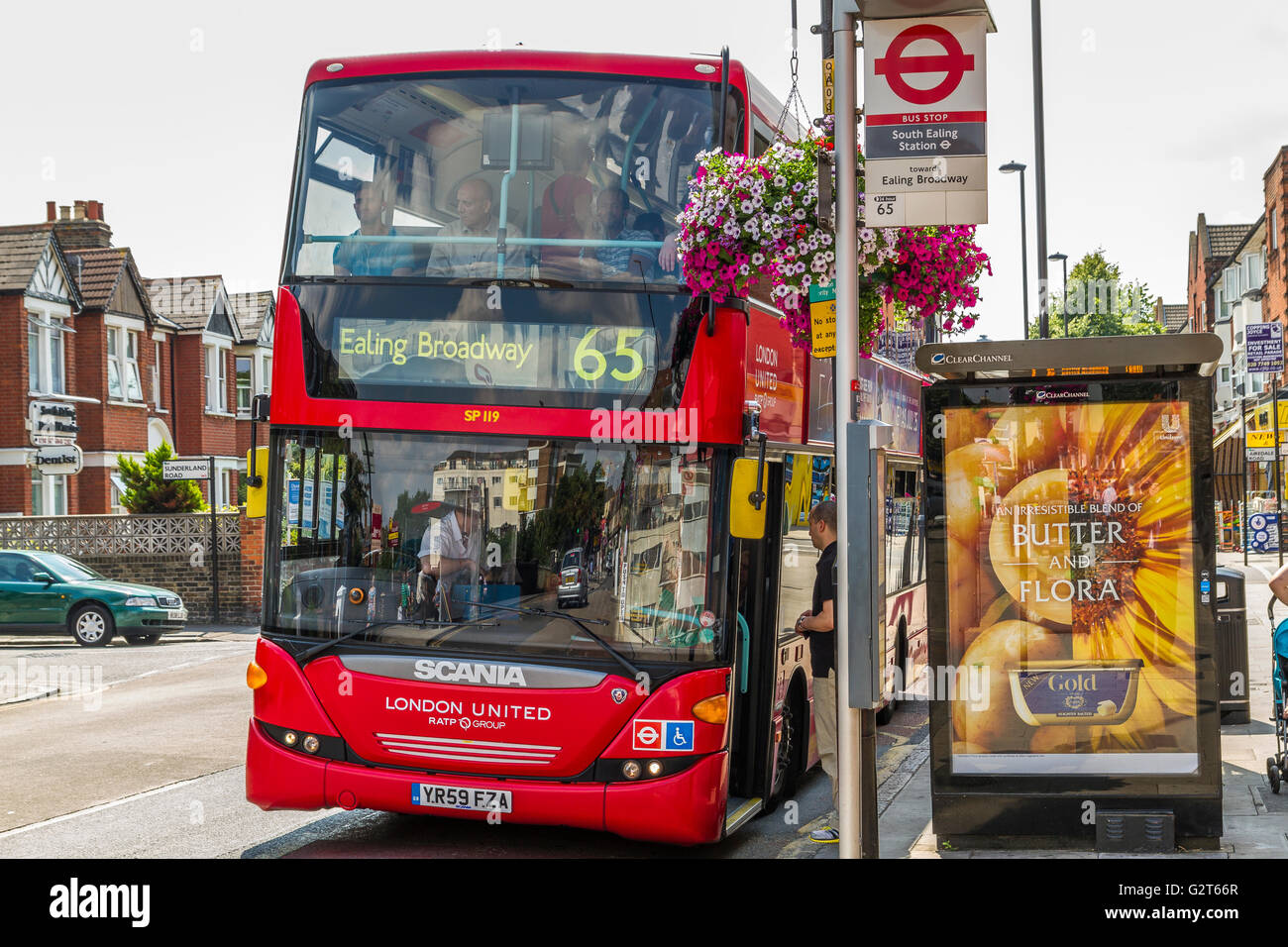 No 65 London Bus , Kingston To Ealing Broadway at a bus stop outside