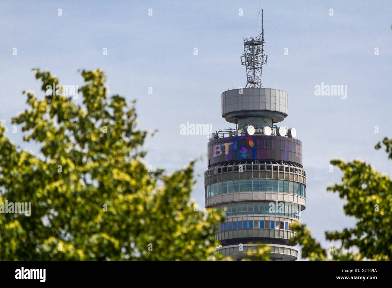 The BT Tower formerly known as The Post Office Tower  completed in 1964, seen through the trees from Regents Park in London, UK Stock Photo