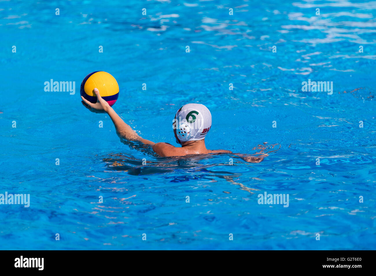Water polo goal gate in olympic swimming pool Stock Photo