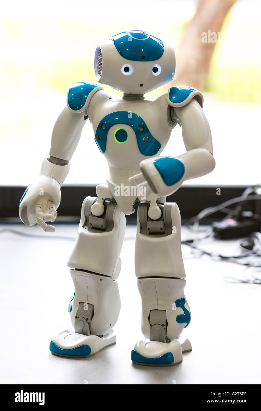 A small robot with human face and body - humanoid. Artificial Intelligence - AI. Blue robot. Stock Photo